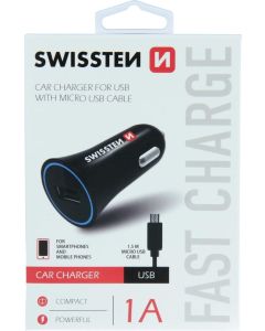 Swissten USB Autoladegerät mit USB 1A Power + CABLE Micro-USB Image 1